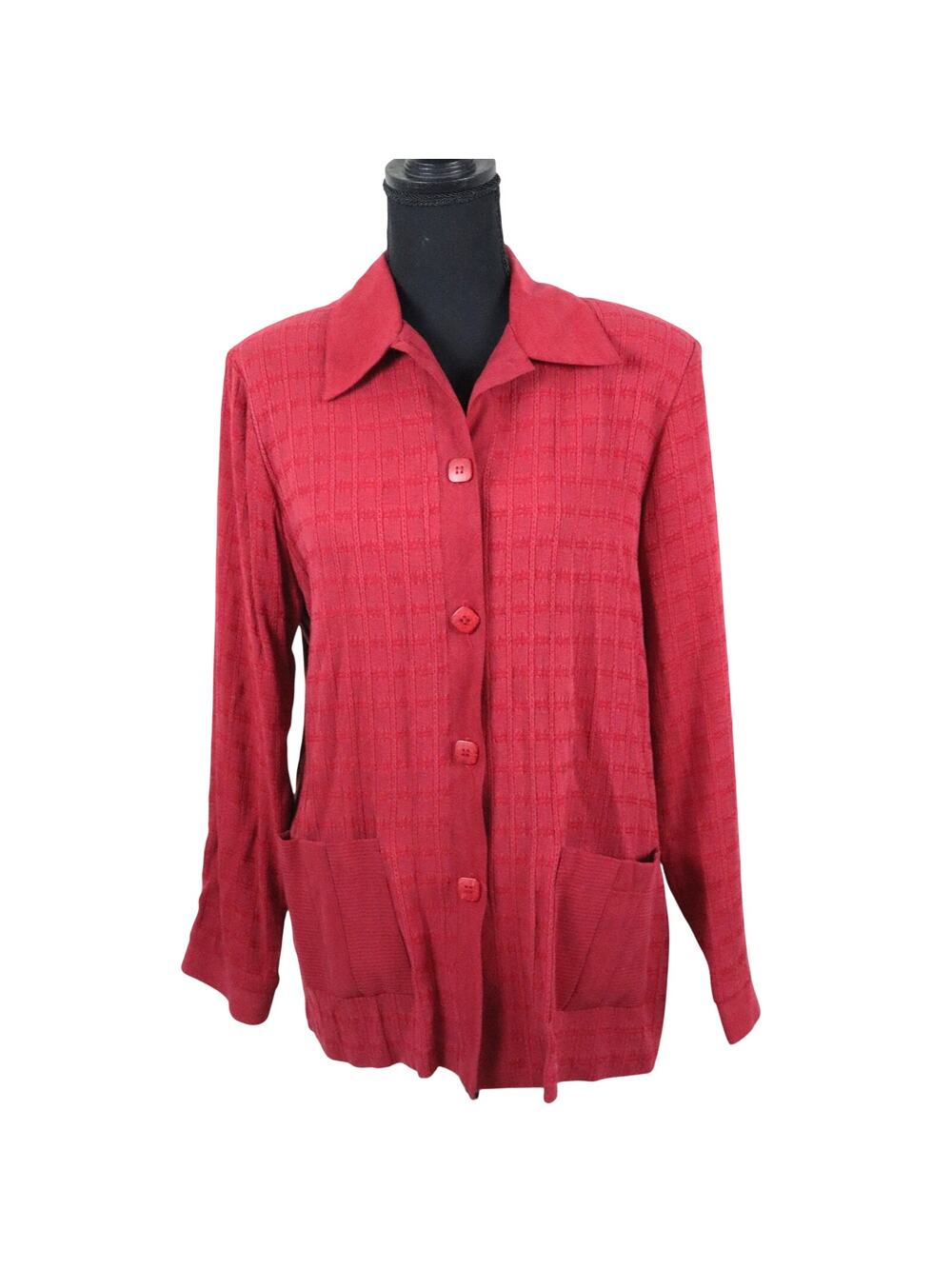 Vintage 90s Popovitch Studio Red Collared Cardigan Button Front Small Pockets